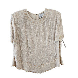 Adrianna Papell Occasions Beaded Top Women Size 16W Silk Cream Floral